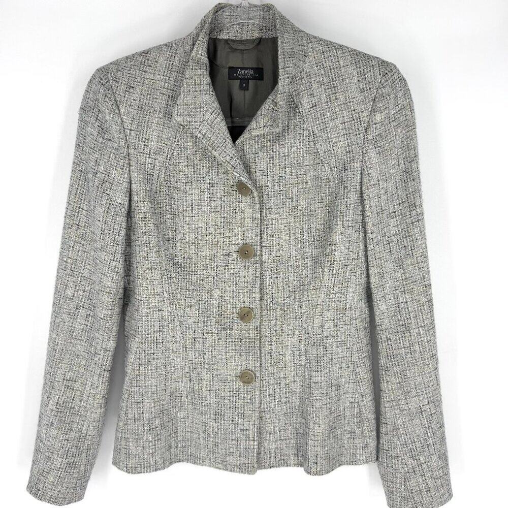 Zanella‎ Platinum 4-Button Tweed Fitted Lined Blazer Grey Light Blue Size 2